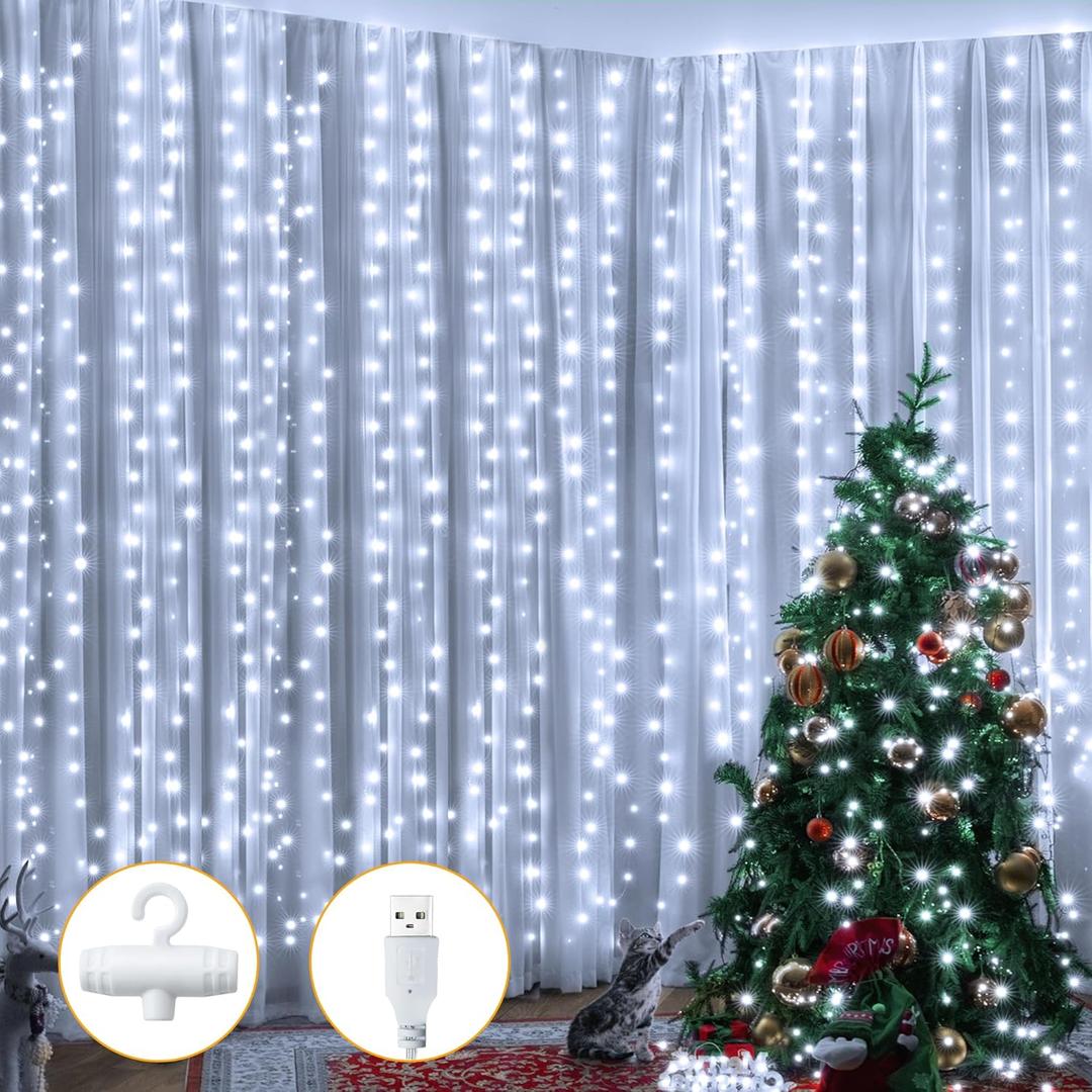 Ollny Fairy Lights Curtain 200 LED 6.6x6.6ft, USB Cool White Christmas Curtain Lights with Hook, Waterproof Window Lights for Bedroom Backdrop Wall Outdoor Indoor Decorations