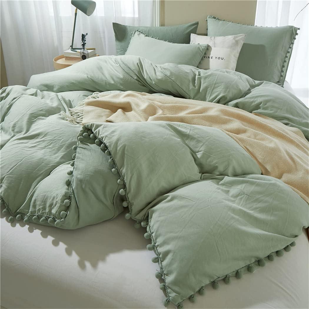 IHOUSTRIY 3 Pieces Duvet Cover Set Bedding Ball Fringe Pattern Design Soft Dark Sage Green Bedding Sets 1 Duvet Cover 2 Ball Fringe Pillow Shams - Queen, Green