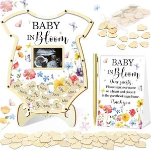 KAMUFU 65Pcs Baby in Bloom Baby Shower Decorations Guest Book, Baby Shower Guest Book Alternatives with Pen, Photo Frame, 60 Heart Wood Slices, Baby Sonogram Frame Keepsake for 60 Guests