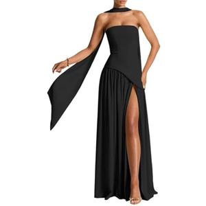 Women's Elegant Strapless High Slit Tube Dress Flowy Evening Wedding Guest Maxi Dresses with Scarf (Black, S)
