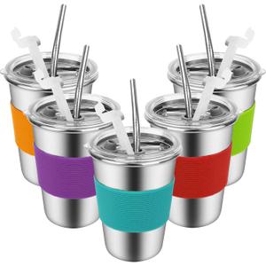 Yummy Sam Stainless Steel Cups with Straws and Lids,12oz Spill-proof Kids Tumblers Dishwasher Safe, Unbreakable Metal Toddler Cups with Heat-insulated Sleeves for Cold Drinks, 5 Pack