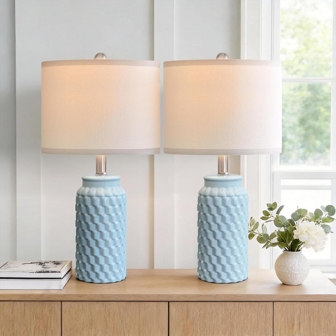 20.5" Light Blue Modern Ceramic Bedside Lamp Set of 2 for Bedroom Decor Farmhouse Table Lamp for Living Room Office Dorm