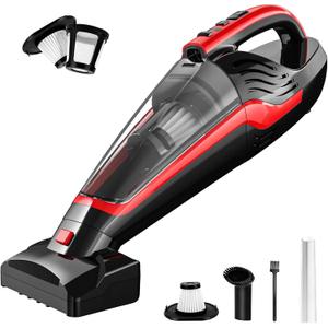 Powools Pet Hair Handheld Vacuum Cordless, Car Vacuum Rechargeable with Reusable Filters, Motorized Brush and Multi-Accessories for Carpet, Couch & Stairs, Red, 17.0"X 4.6"X 6.6"