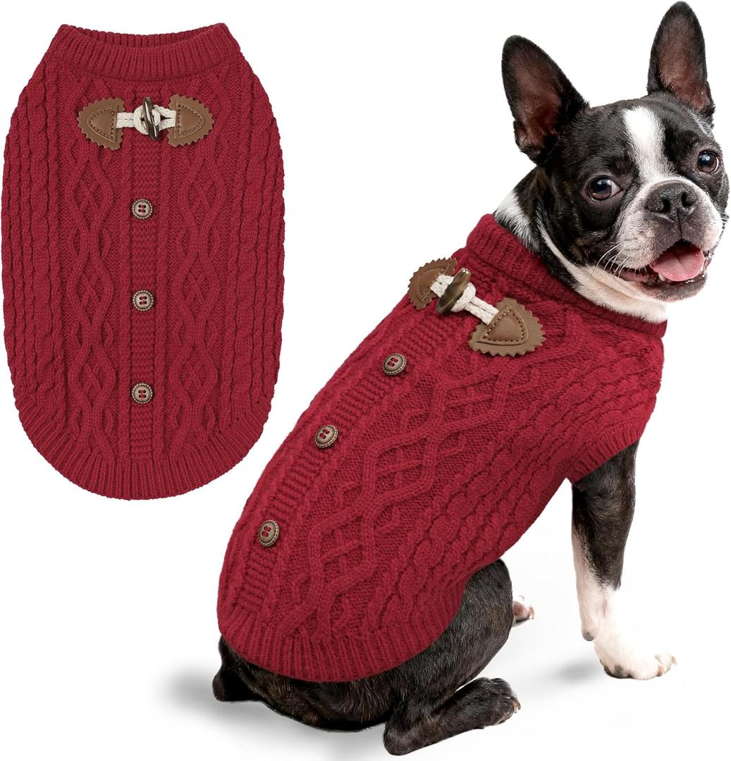 WOYYHO Dog Sweaters for Medium Dogs Girl Boy, Cable Knit Winter Clothes with Cow Horn Buttons, Warm Round Neck Pet Sweater Cozy Pullover for Puppy Chihuahua Yorkie Outfit, Red XL (X-Large(22-29 lbs))