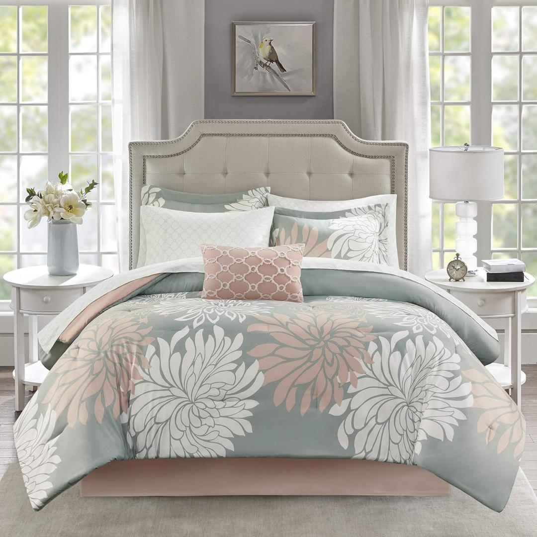 Madison Park Essentials Maible Cozy Bed in A Bag Comforter with Complete Cotton Sheet Set-Floral Medallion Damask Design All Season Cover, Decorative Pillow, Twin (68 in x 86 in), Floral Blush 7 Piece