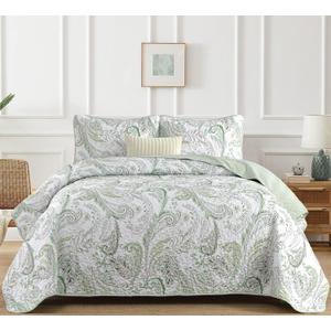 WONGS BEDDING Boho Quilt Set King,Green Paisley Floral Pattern Bedspread Coverlet Set with 2 Pillowcases,3 Piece Lightweight Microfiber Bohemian Quilt Bedding Set 104"90"