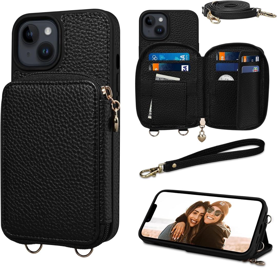 Keallce Case for iPhone 14 6.1'' Case Wallet, Crossbody Zipper Purse with RFID Blocking Card Slots Kickstand, Detachable Lanyard & Handstrap Flip Folio Leather Phone Cover for iPhone 14, Black