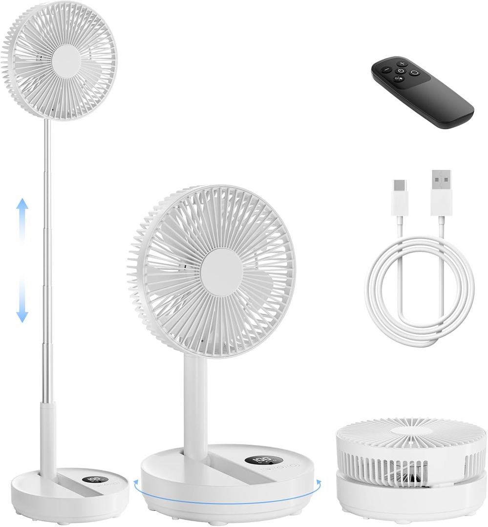 8" Portable Oscillating Standing Fan, 8000mAh Rechargeable Pedestal Fan with Remote, Foldable Quiet Travel Fan, 8H Timer, Height Adjustable, Floor & Desk fan for Bedroom, Camping, Office, White