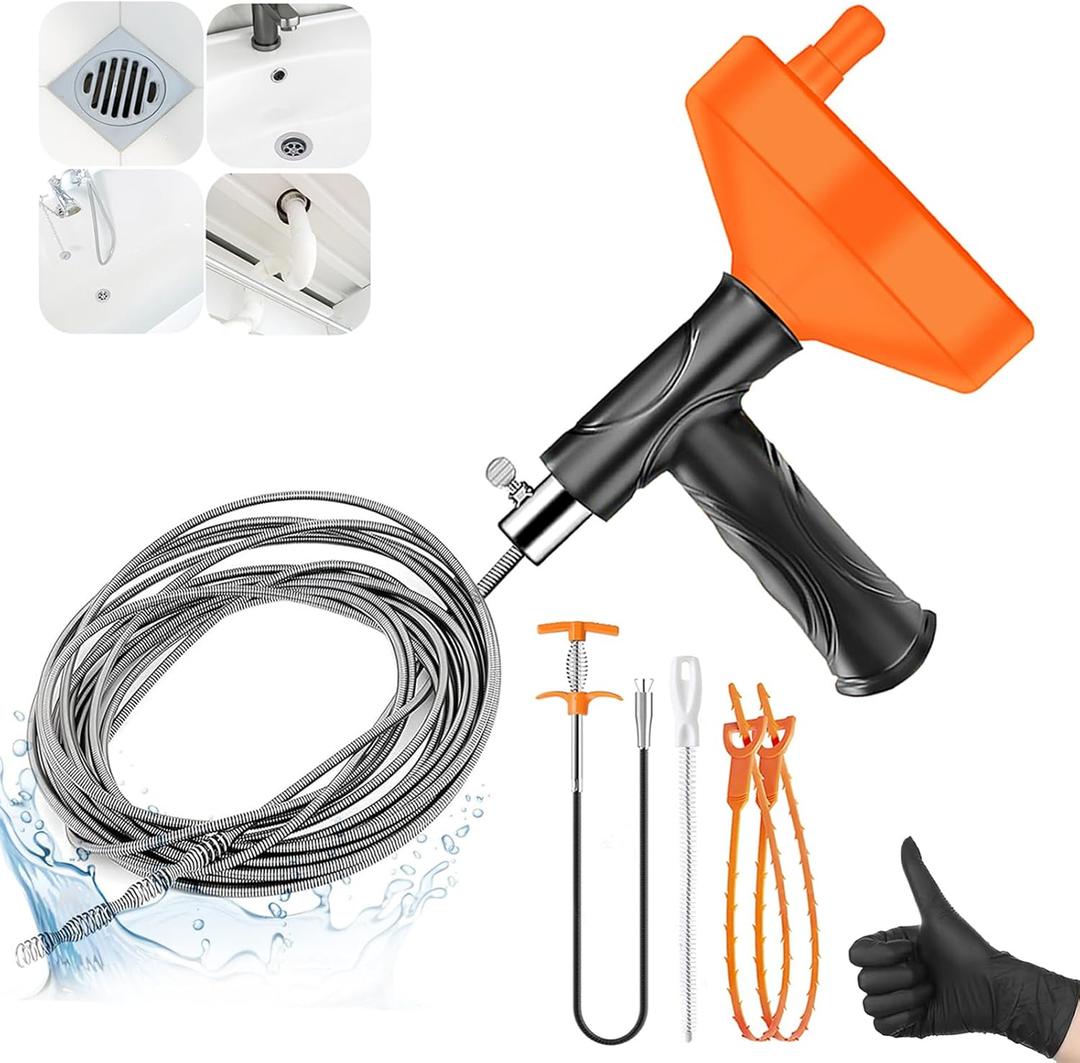 33 Feet Drain Snake Auger, Plumbing Snake Drain Hair Clog Removal Tool, Sink Unclogger Drain, Heavy Duty Toilet Snake Auger, Cleaner Tool for Bathroom Kitchen Tub Shower Drain Clog Remover with Gloves