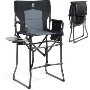 EVER ADVANCED Portable 30.7" Seat Height Tall Folding Camping Chair Directors Chair High Foldable Bar Stool with Side Table for Makeup Artist, Sports Event, Craft Show, Supports 350LBS Black Grey