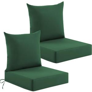 Deep Seat Patio Cushions Set of 2, 24x24x5.75 Inch, Waterproof Outdoor Chair Cushions, Fade Resistant Patio Furniture Cushions with Ties for Couch, Sofa, Lawn, Outside, Forest Green, 24*24+5.75/25*22.5 inch