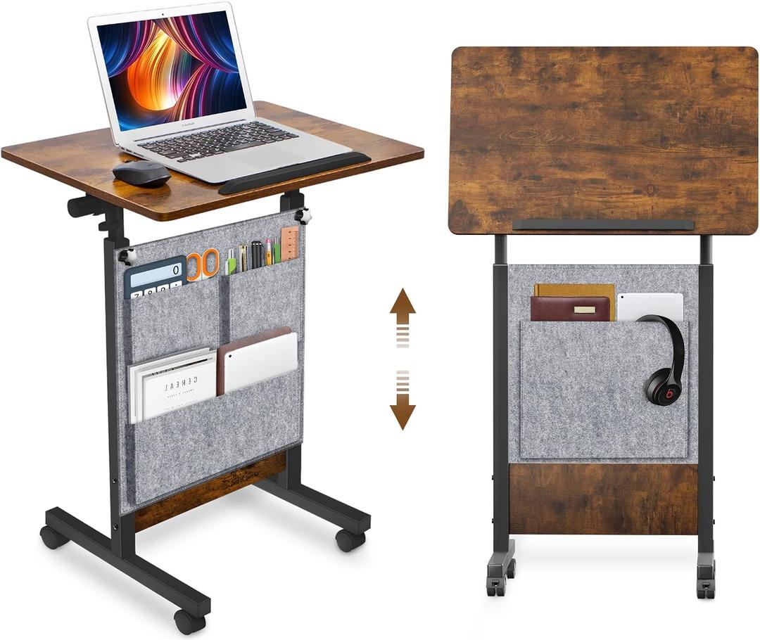 KOUPA Height Adjustable Standing Desk with Storage Bag widths16 in Length 24 in, Portable Rolling Mobile Stand Up Table with Wheels, 360 Degree Flip Laptop Computer Desk for Home Office, Rustic Brown, 16x24 IN Bag