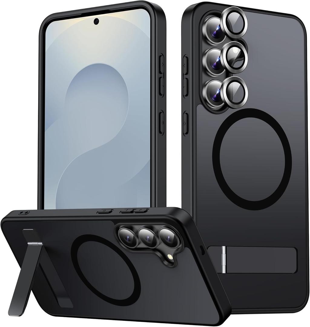 LEKEVO Magnetic for Samsung Galaxy S25 FE Case Compatible with MagSafe, 3-Way Kickstand, Camera Lens Protector, Wireless Charging Translucent Matte Slim Shockproof Hard Back Phone Cover, Black