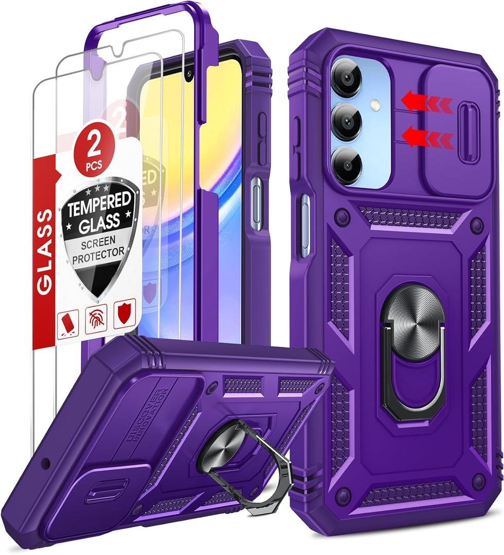 LeYi Compatible for Samsung Galaxy A15 5G Case: Screen Protector A15 & Magnetic Metal Mount Stand, Rugged Slide Cover & Shock Proof Military-Grade for Nuu Series Galaxy Case A 15 5G, Purple