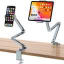 OMOTON Tablet Stand for iPad with 360 Rotation, GH03 Aluminum Alloy Long Arm Phone Mount with 2 Plastic Clamps (Phone & Tablet), Adjustable Holder for 4-13" iPad Pro/iPhone, Grey