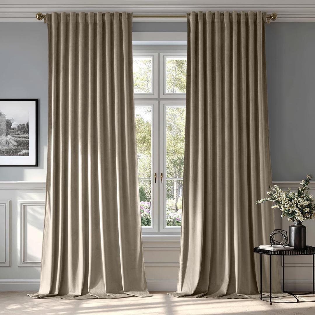MIULEE Taupe Velvet Curtains 90 inches - Luxury Blackout Curtains for Bedroom Living Room Thermal Insulated Super Soft Window Drapes Rod Pocket & Back Tab, W52 x L90 inches, 2 Panels