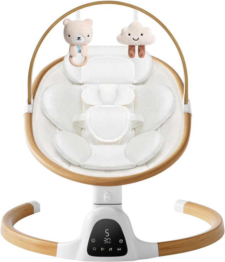 Baby Swings for Infants, Electric Infant Swing with 5 Speed Modes, 5-Point Harness, 3 Timer Settings, Built-in Lullabies & Bluetooth, Portable Modern Swing for Indoor & Outdoor (White)