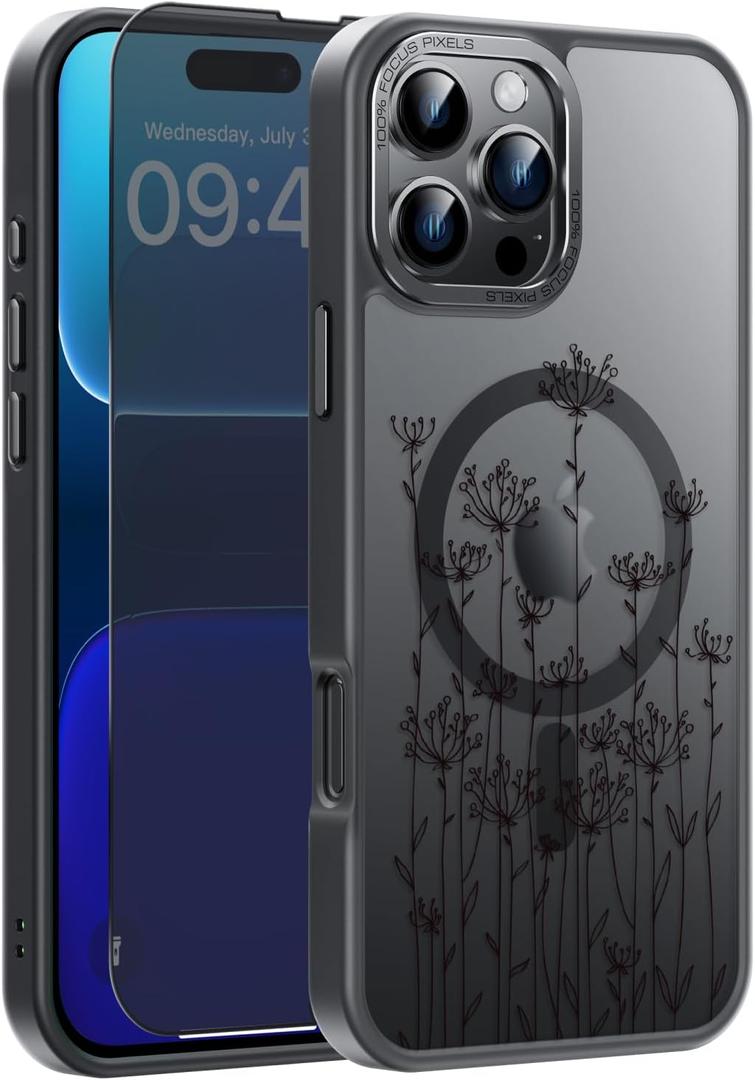 FUNMIKO for iPhone 16 Pro Max Case with Privacy Screen Protector, Wireless Charging Compatible, Shockproof Translucent Matte Cover - Cute Floral Design Phone Case for Women - Elegant Small Flower