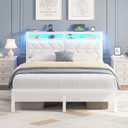 Seventable Bed Frame Queen Size with Charging Station, LED Bed with Upholstered Storage Headboard, Metal Platform Bed with Under Storage, No Box Spring Needed, Noise Free, Easy Assembly, White