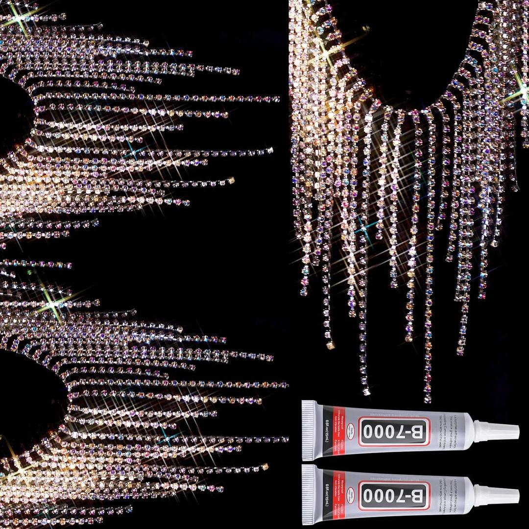 MTLEE Rhinestone Fringe Belt Beaded Ribbon Diamond Tassel Chain for Jeans Clothing Accessories DIY Decoration(2 Yard,Silver, AB Color)