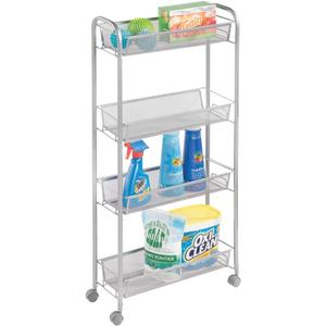 mDesign Slim Steel Metal Rolling Utility Cart Storage Organizer Trolley with 4 Basket Shelves for Laundry Room, Kitchen, Bathroom Organization - Narrow Holder for Detergent - Biro Collection, Silver