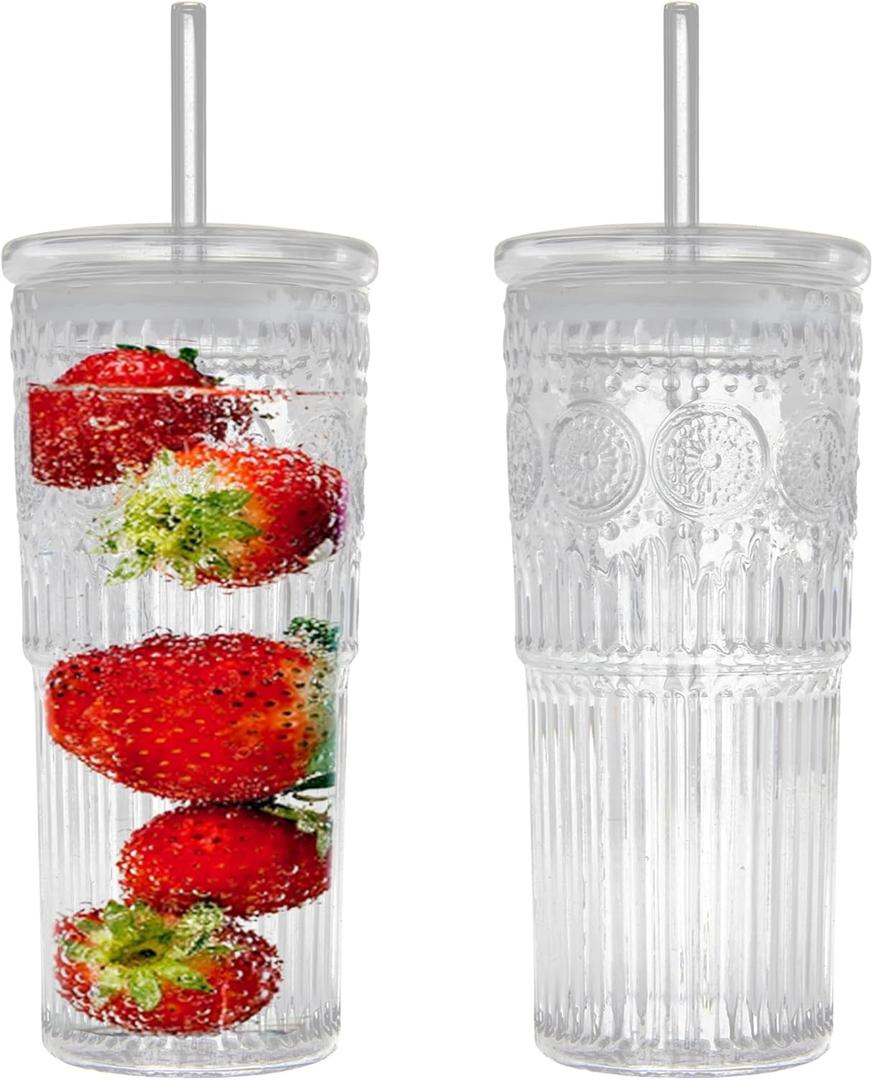 Bandesun All Glass Iced Coffee Cup With Lids and Straws24 OZ High Borosilicate Glass Tumbler for Water Smoothie Juice Drinks (Clear)