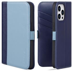 VISOUL Phone Case Wallet for iPhone 15 Pro, Genuine Leather Folio Case with Card Holder Magnetic Flaps Closure Flip Cover Designed for iPhone 15 Pro(6.1-inch)(Blue+Navy Blue)