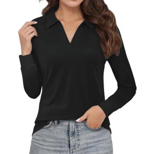 Polo Shirts for Women, V-Neck Business Casual Tops for Women, Collared Shirt Tunic Tops Long Sleeve Work Blouses (Black, M)