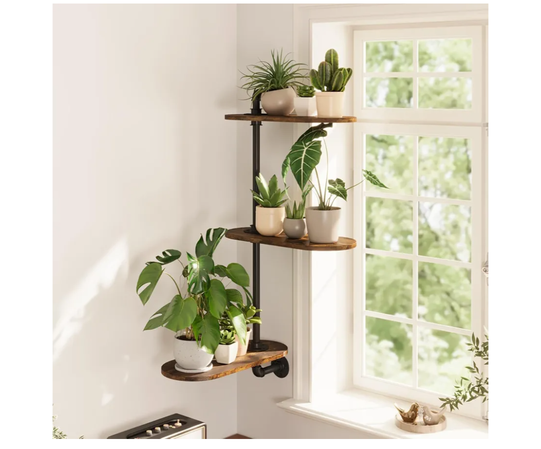 Window Plant Shelves 3-Tier Rotating Plant Stand Industrial Window Plant Shelf Wood Wall Mount Decorative Enhanced Indoor Plants Light Exposure Gift Idea for Plant Lovers