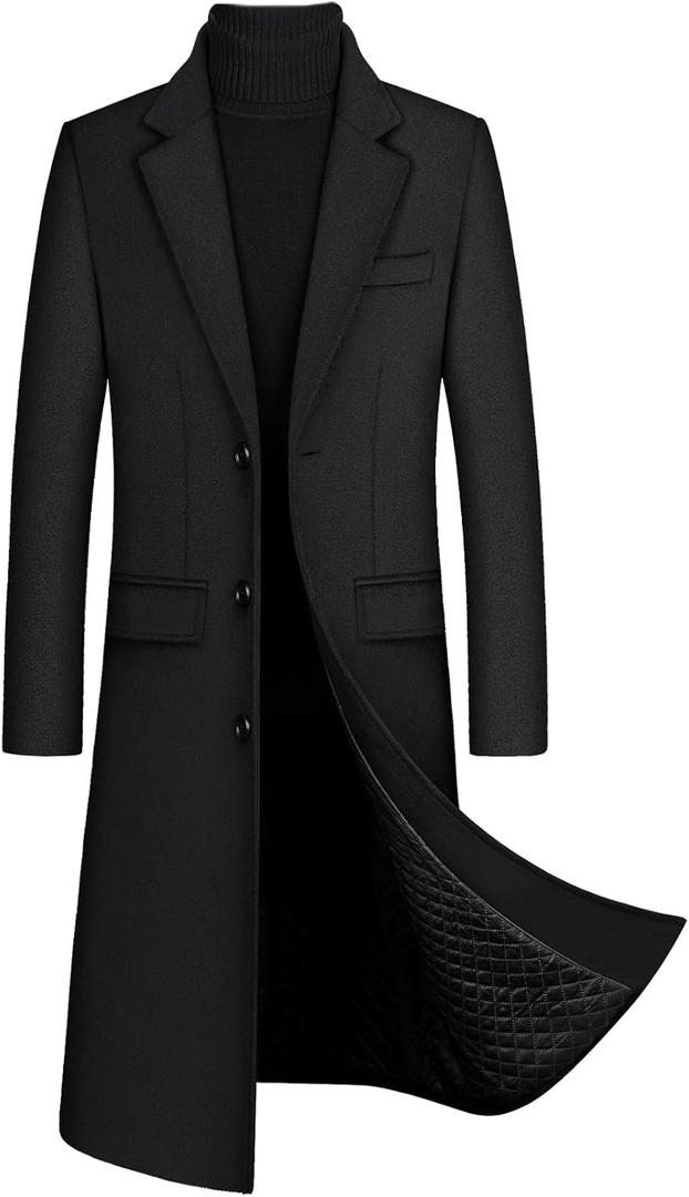 xxxiticat Men's Winter Trench Coat Long Sleeve Notch Lapel Single Breasted Quilted Cotton Long Overcoat Jacket Wool Pea Coat (Large, Black)