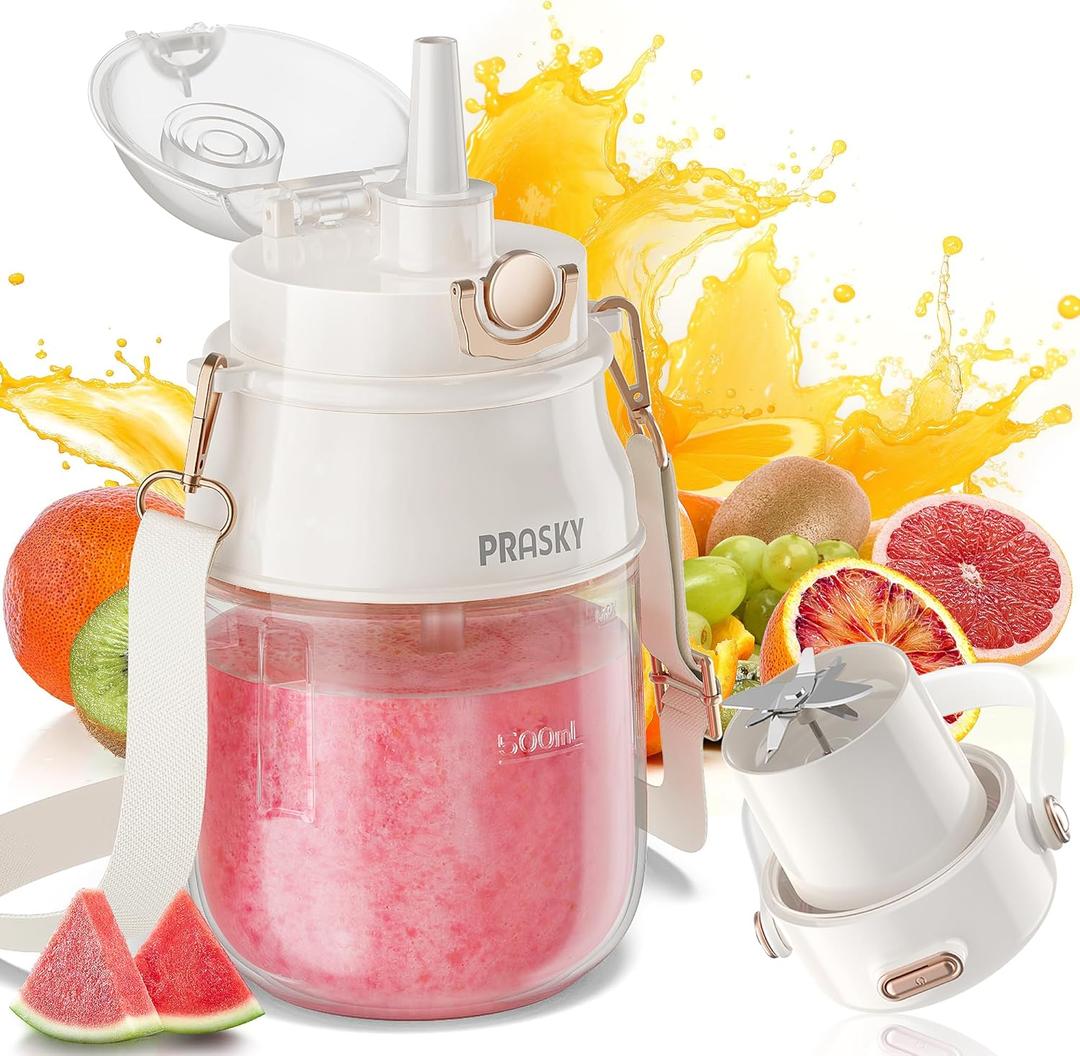 Portable Blender, Prasky Personal Blenders for Shakes and Smoothies with 27oz Cup, Lid and Shoulder Strap, Type-C USB Rechargeable, Personal Size Blenders BPA-free for Travel/Kitchen(White)