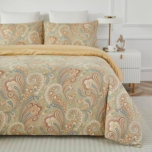 Softta Silkly Soft Paisley Bedding Design 800 Thread Count 100% Cotton Bohe Vintage 3Pcs Duvet Cover Set,Twin Size,Khaki