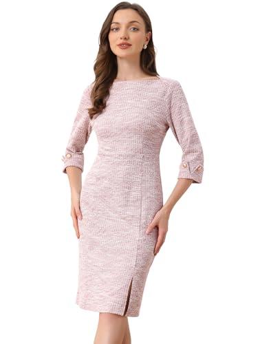 Allegra K Tweed Dress for Women's Fall Elegant Boat Neck 3/4 Sleeve 2025 Work Dress Large Pink