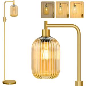 Upgraded Dimmable Glass Floor Lamp for Living Room, Modern Gold Standing Lamp with Amber Ribbed Glass Lampshade & Knob Dimmer, Arc Tall Lamp for Bedroom Office Reading Room, 2700K Led Bulb Included