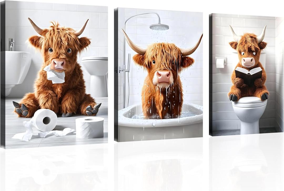 OWNANRTHM Highland Cow Bathroom Canvas Wall Art Funny Animals Bathroom Picture Cow Bathroom Wall Art Animals on Toilet Painting Animals in the Bath Poster for Bathroom Framed 12" x 16" x 3 Pieces