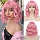 WSTAR Pink Bob Wavy Wig with Bangs - 14inch Short Bob Wavy Pink Wigs for Women, Shoulder Length Synthetic Hair with Bangs,Colorful Curly Wigs for Halloween Costumes Cosplay Daily