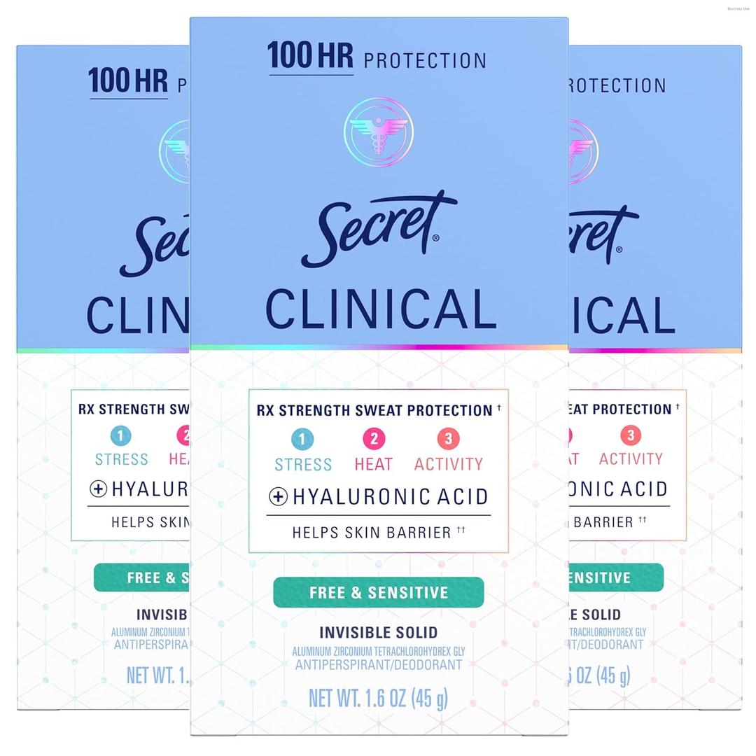 Secret Clinical Strength Antiperspirant Deodorant for Women, Free & Sensitive, 100hr Sweat & Odor Protection, 3X Stress Protection with Hyaluronic Acid, Invisible Solid, Unscented, 1.6 oz (Pack of 3)