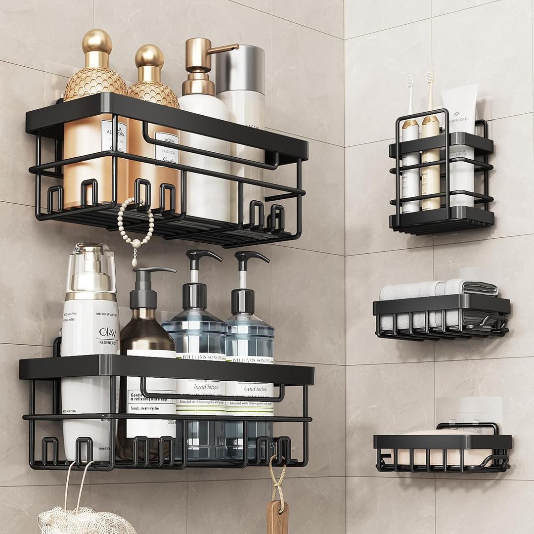 Cobbe Adhesive Shower Caddy 5-Pack, Large Wall Mounted Shower Shelves Rack, Organizer Storage Accessories with Soap Dish&Toothbrush Holder, Shelves for Bathroom Storage & Home Kitchen Decor, Black Cobbe Adhesive Shower Caddy 5-Pack, Large Wall Mounted Shower Shelves Rack, Organizer Storage Accessories with Soap Dish&Toothbrush Holder, Shelves for Bathroom Storage & Home Kitchen Decor, Black