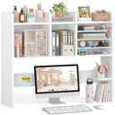NUTIKAS Desktop Bookshelf for Computer Desk - 36" Desk Hutch Organizer with 4-Tier Paper Tray, Tabletop Storage Rack for College Dorm Room Essentials, Home Office Shelving, White