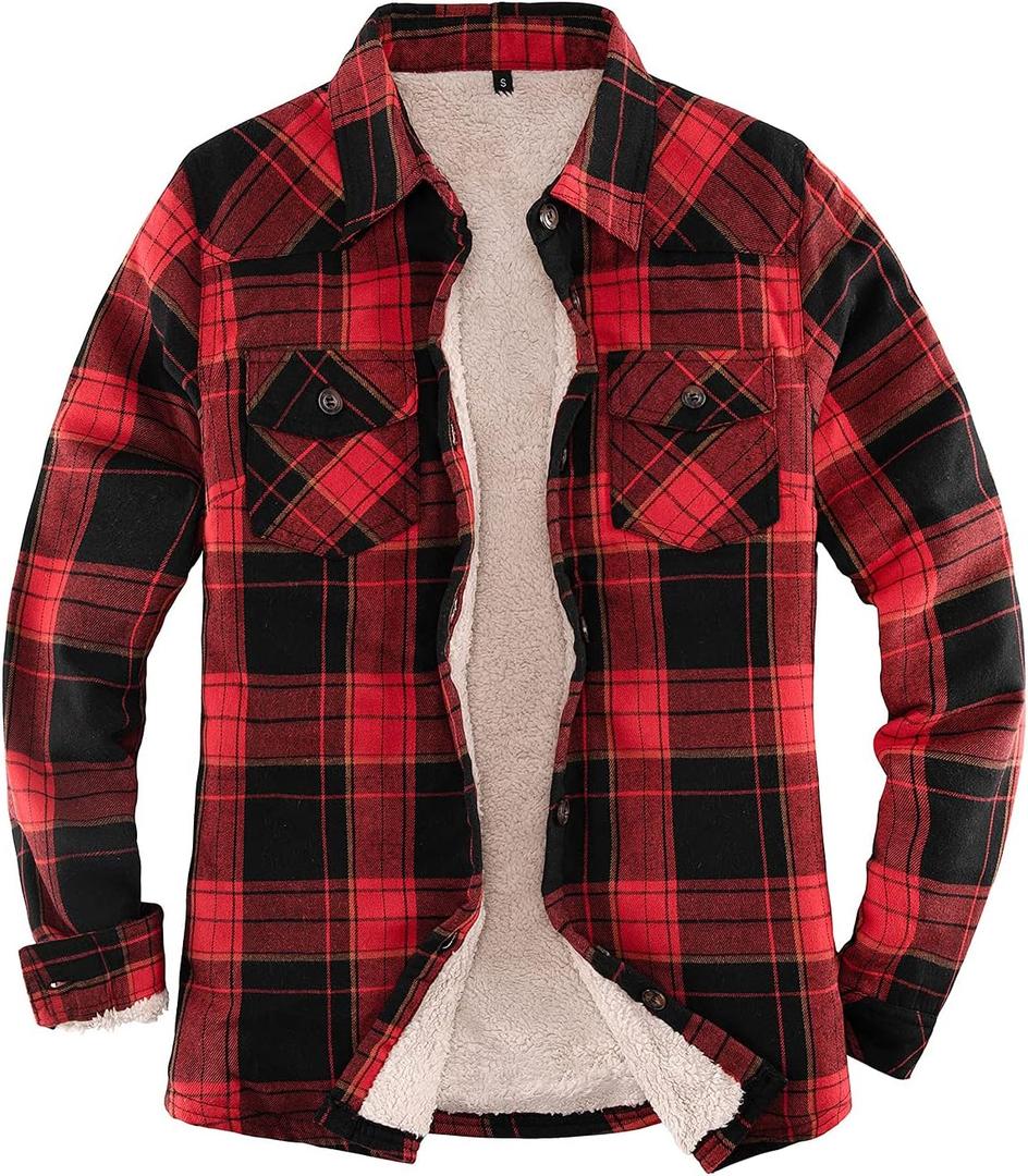 ThCreasa Womens Sherpa Lined Flannel Jacket with Hand Pockets, Plaid Button Down Fuzzy Shirt Jackets (Medium, Red/Black)