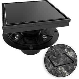 6 Inch Square Shower Drain Black Floor Drain with Flange Reversible 2-in-1 Cover Tile Insert Grate Removable SUS304 Stainless Steel CUPC Certified Matte Black