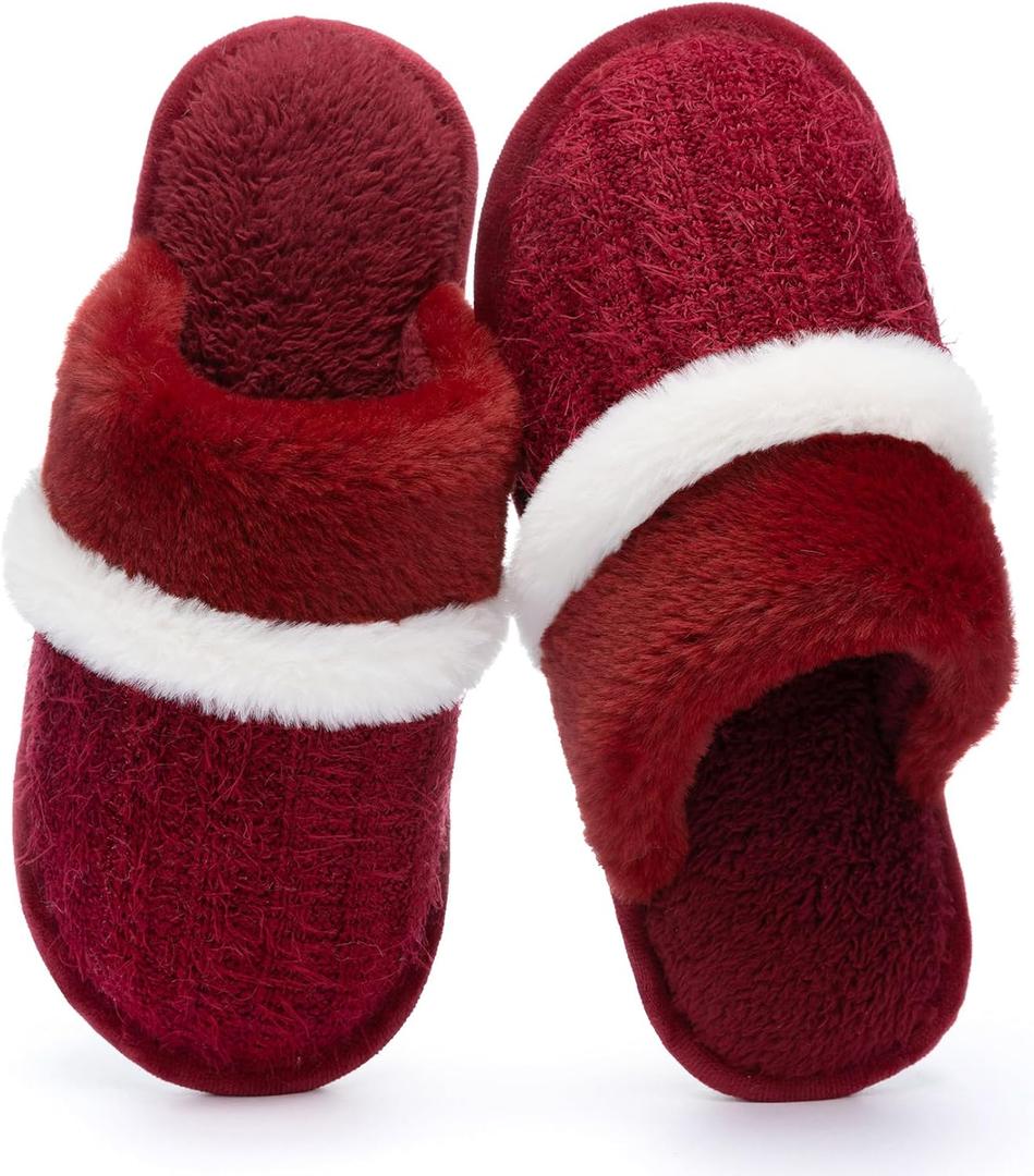 Cozy Slippers for Women Indoor and Outdoor Fuzzy House Shoes with Memory Foam Anti-Skid Sole Gifts for Women Mom Ladies (9-10 Women/7-8 Men, Wine Red)