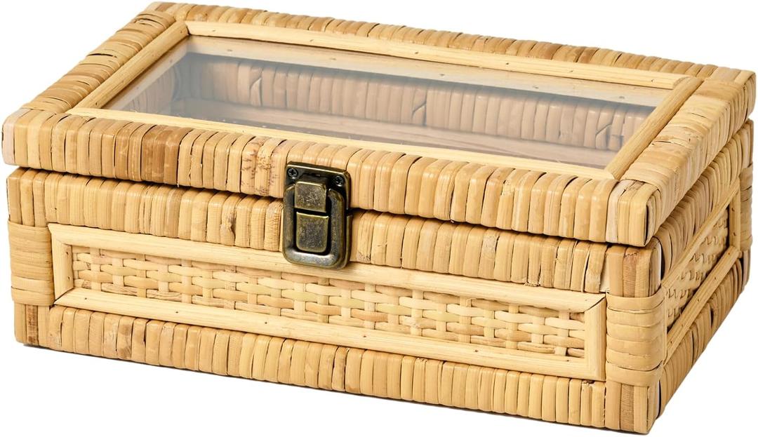 Rattan Box with Clear Lid Wooden Frame Decorative Handmade Boho Woven Rattan Wicker Baskets Cane Bins Keepsake Memory Jewelry Boxes Desk Shelf Closet Organizer Container (Natural, Small)