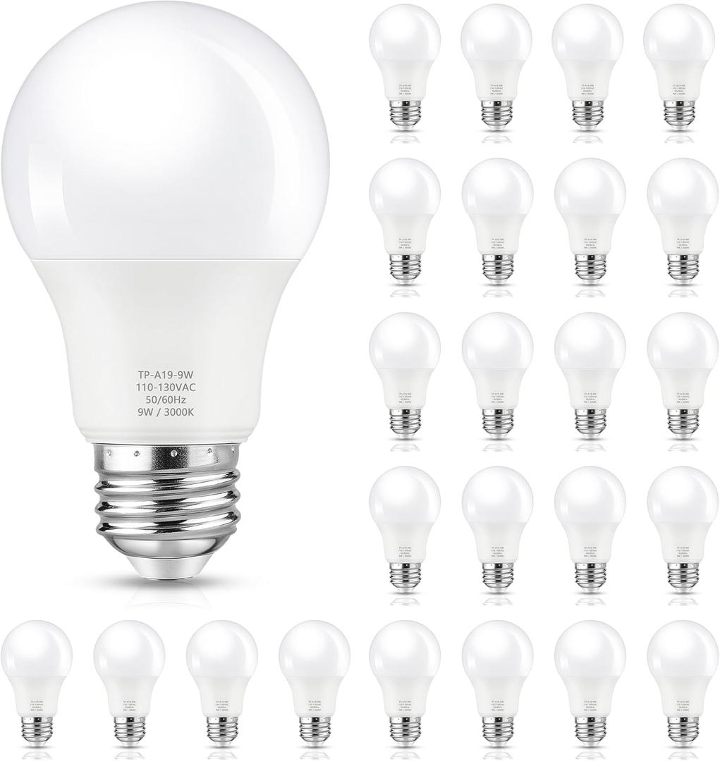 A19 LED Light Bulb, 60 Watt Equivalent, Soft White 3000K, 850LM, E26 Base, Non-Dimmable, 9W Bright White, 24-Pack