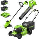 Greenworks 48V (24V x 2) 20" Brushless Cordless Lawn Mower + 12" String Trimmer + 320 CFM Leaf Blower Combo Kit with (2) 4.0Ah Batteries & Dual Port Fast Charger