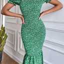 PRETTYGARDEN Summer Floral Bodycon Midi Dresses 2026 Puff Sleeve Mermaid Cocktail Baby Shower Photoshoot Maternity Dress (Green, S)