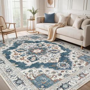 Washable Area Rug-9X12 Vintage Neutral Soft Vintage Blue | Non Slip Thin Foldable Large Floor Carpet for Living Room Bedroom Kitchen Dining Room Home Office Farmhouse Indoor