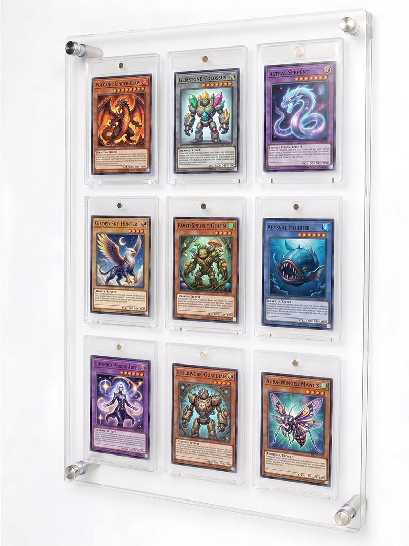 Acrylic Trading & Sports Card Display Frame - 9-Slot Wall/Desktop Holder for Baseball, Pokemon, Hockey Cards, UV-Protected with Magnetic One Touch Holders & Ad Nails
