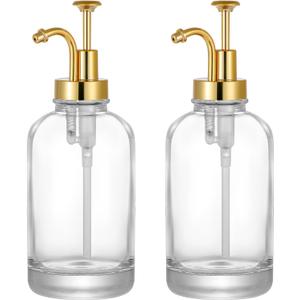 2 Pack Thick Clear Glass Jar Soap Dispenser with Gold Pump, 17ounce Clear Boston Round Bottles Dispenser with Rustproof Pump, Coffee Syrup Dispenser Bar Accessories, Dish Soap Dispenser for Kitchen