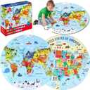 2 Sets World Puzzle United States Map Puzzle with Poster World and US Geography Jumbo Round Floor Puzzles Jigsaw for Kids Ages 3-5 Educational Learning Toys Puzzles Valentines Birthday Gift 70 Pieces